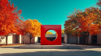 Large red cube sculpture in outdoor setting with modern building and vibrant autumn-colored trees