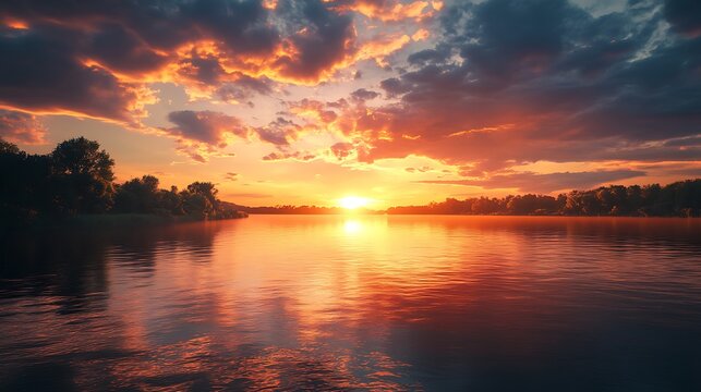 A serene sunset over a calm river, reflecting vibrant colors in the sky.