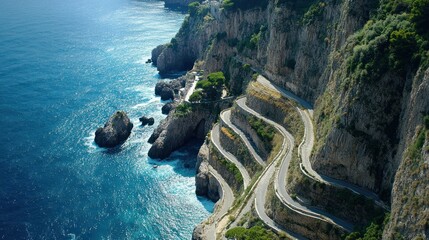 Aerial view of a winding coastal road clinging to the cliffs edge near the turquoise sea