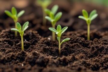 Tiny green sprouts emerge from the soil, their bright leaves shining in the sunlight. The earth is disturbed, revealing the resilience of life as these young plants fight their way through the ground.