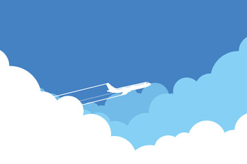 Plane flies in blue sky, leaving trail behind it. Vector illustration.