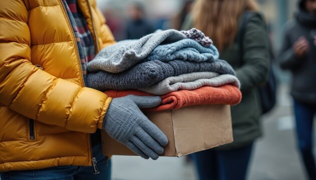 Person carries donation box with warm clothes. Winter jackets, sweaters, socks, gloves for homeless, people in need, charity. Volunteer help others, compassion, giving assistance in cold season.