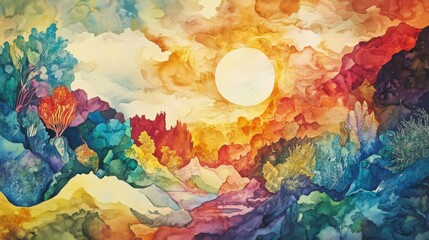 A vibrant watercolor painting depicting a colorful abstract landscape scene