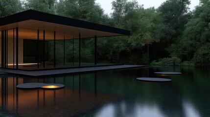 Obraz premium Modern minimalist pavilion nestled in a serene forest beside a tranquil pond