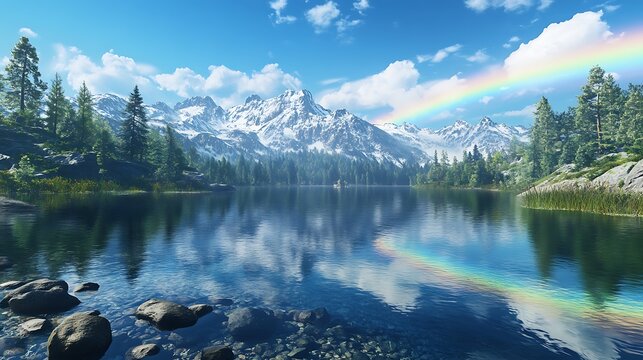 Tranquil lake reflecting rainbow, snow-capped mountains, and pine forest under partly cloudy blue sky