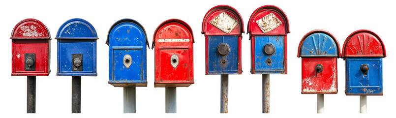 Vintage Red and Blue Mailboxes Lined Up Against White Background