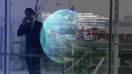 Talking on phone, businessman with digital globe animation overlaying cityscape - Powered by Adobe