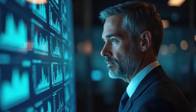 Senior man watching digital screen with financial data analytics. Business person analyze graphs. Modern tech interface concept. Human resources manager uses computer software, employee