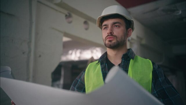 Caucasian builder man handyman guy foreman holding blueprint architect male inspecting building electrician employee work in factory construction engineer supervising manufacturing architecture draft