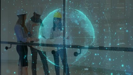 Two construction workers discussing plans with digital globe animation overlay