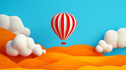 Obraz premium Red and white hot air balloon floating over orange hills under a bright blue sky with scattered white clouds