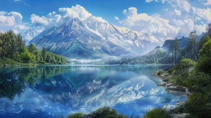 Fototapeta premium A peaceful lake with crystal-clear water reflecting the sky and surrounding mountains, ideal for relaxation and meditation visuals.