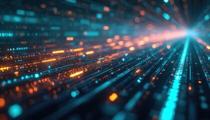 Digital data stream concept. Tech background with orange and blue light, binary code. Cloud computing, software development, business intelligence, global network, data exchange, cybersecurity.