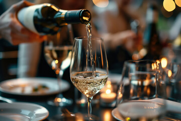 Waiter pouring white wine into a glass at a dining table  