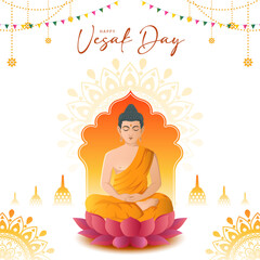 Happy Vesak Day with lord budha and temple background