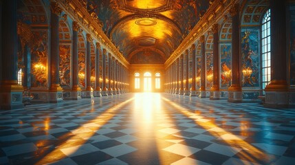 Fototapeta premium Sunlit Grandeur: The Hall of Mirrors at Versailles Palace