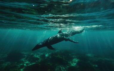 Fototapeta premium Underwater view of a whale swimming in clear blue ocean with light rays from above.
