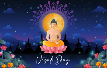 happy vesak day illustration with lord budha meditation in the night and lake background