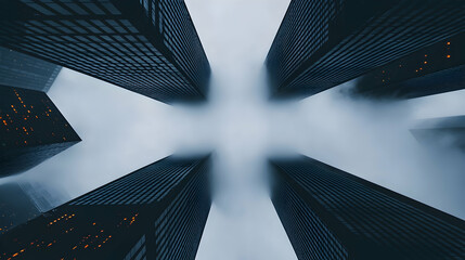 Aerial View of Foggy Cityscape with Skyscrapers