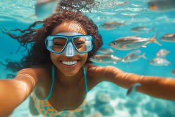 Naklejka premium A dense school of silver fish swims next to her. Seaside leisure and fun. A gorgeous and sexy happy asian young woman with short hair in a swimming mask and fins snorkeling among the corals.