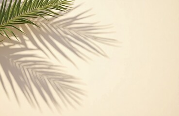 Palm leaf shadow on light beige concrete background. Summer minimal style. Hard light, copy space. Pastel aesthetic photo with palm shadows at sunlight. Tropical vacation, beach mood, sunny day.