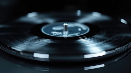 Close-up of a spinning vinyl record.  The record rotates rapidly, catching light, showing details of the grooves and the spindle