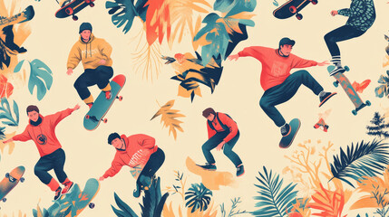 Skateboarder active people park sport extreme outdoor active seamless pattern background skateboarding urban jumping tricks vector illustration.