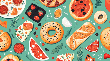 Seamless pattern with russian cuisine, traditional bagels culture food vector background. National russia menu culinary decoration. Caviar bread pastries bagel, vodka, alcohol, food, treats,