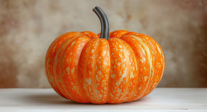  Realistic close-up of a vibrant orange pumpkin on a table with soft lighting