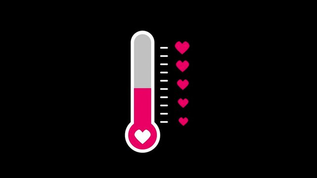 Love thermometer animation with rising heart level on black background