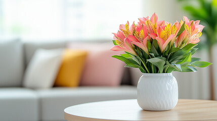 Vibrant pink and yellow alstroemeria flowers in a white vase on a wooden coffee table