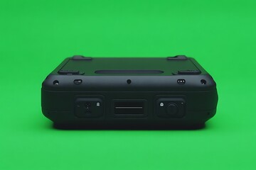 A small black electronic device is centered in a shot