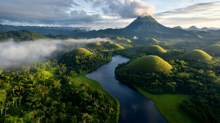 Obraz premium Aerial View of Lush Tropical Landscape with Winding River and Misty Mountains at Sunrise