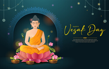 Happy Vesak with lord budha and temple background. horizontal banner, greeting card, cover
