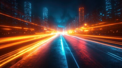 Blurry city highway lights at night with cityscape background