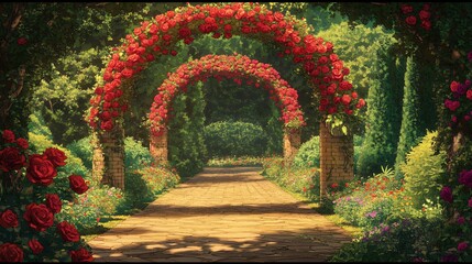 Fototapeta premium Pathway Through a Rose Garden with Arches, Lush Flowers and Trees