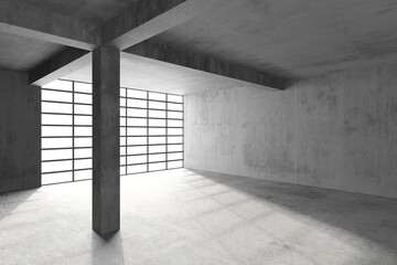 Minimalist industrial interior with concrete walls and large windows for modern design inspiration. 3d render.