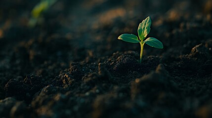 Naklejka premium Young Plant Sprout Emerging From Dark Soil in Natural Light