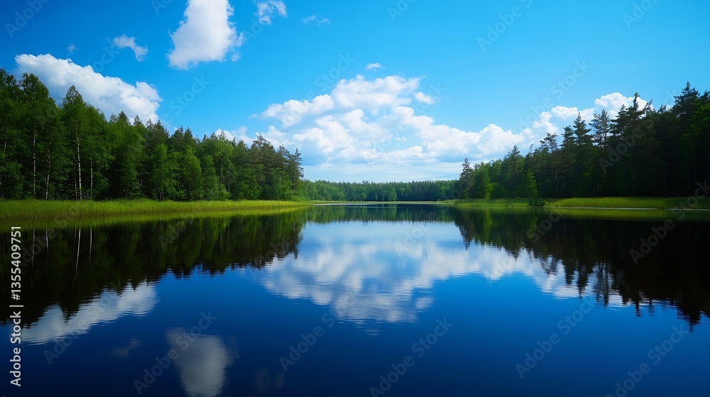 Poster serene landscape reflection on calm water with lush green trees and vivid blue sky filled with fluff