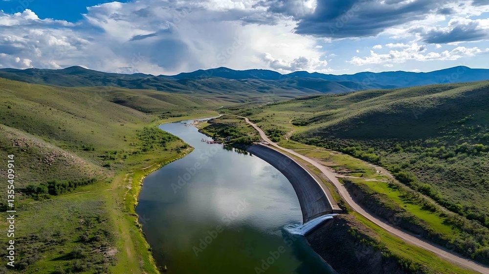 Poster aerial view of a winding river flowing through gentle hills and wide open landscapes under a dramati