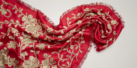 Obraz premium Crimson fabric adorned with golden floral embroidery, draped gracefully on a plain surface, showcasing texture.