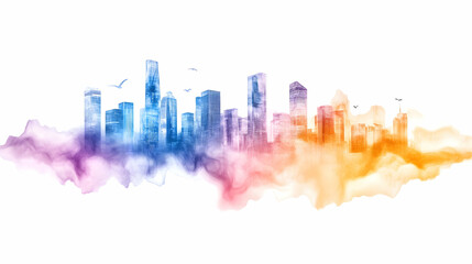 Fototapeta premium Colorful city skyline emerging from clouds; urban development, futuristic design, website header