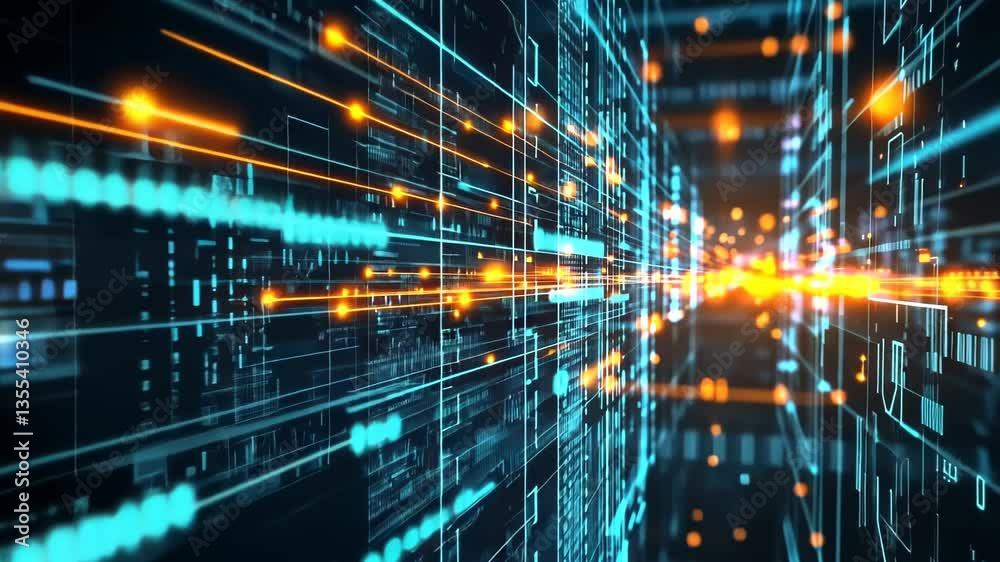 Poster digital pathways create vibrant flow of data in futuristic environment