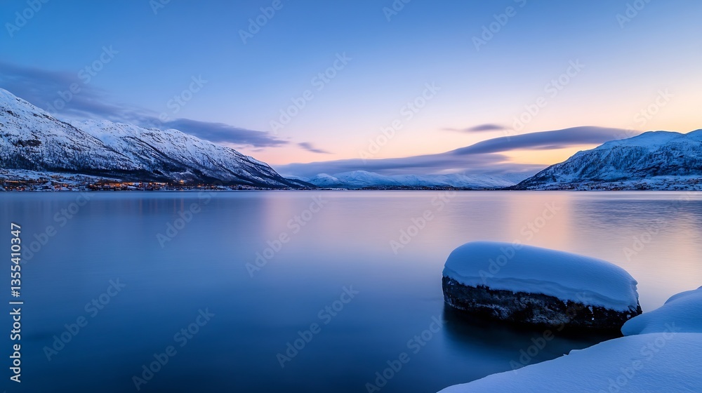 Poster scenic winter lake view at sunrise with snow capped mountains reflecting in calm waters : generative
