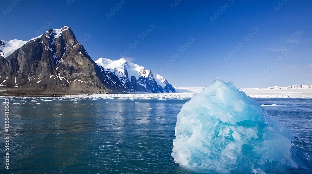 Poster Majestic view of icebergs floating in a serene blue sea with towering snowy mountains in the background : Generative AI
