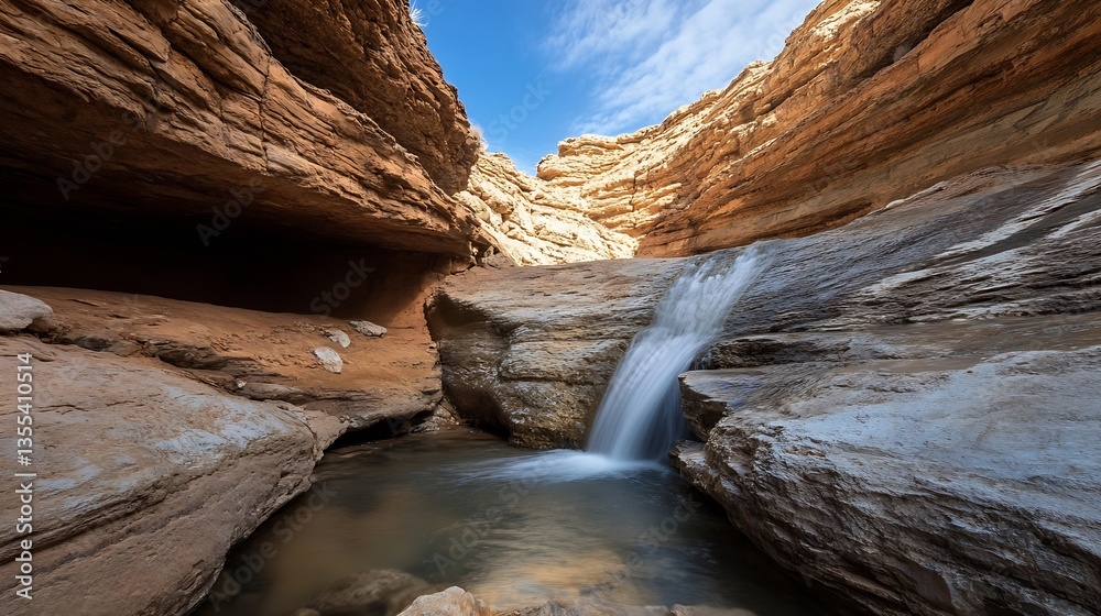 Poster majestic view of a hidden waterfall nestled between rugged canyon walls : generative ai