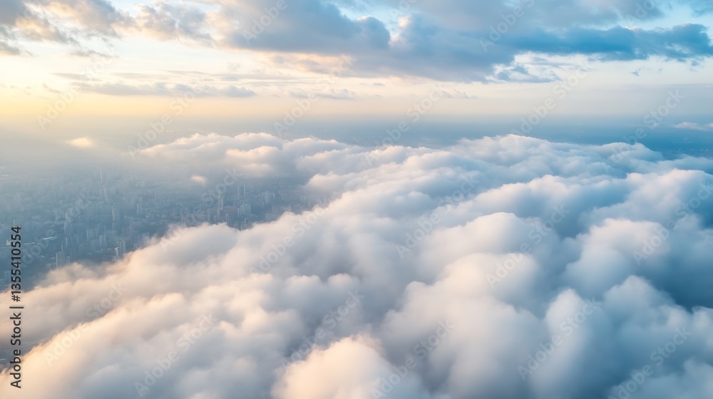 Poster Aerial View of Billowing Clouds Over a Cityscape at Dusk : Generative AI