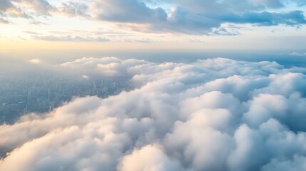 Aerial View of Billowing Clouds Over a Cityscape at Dusk : Generative AI