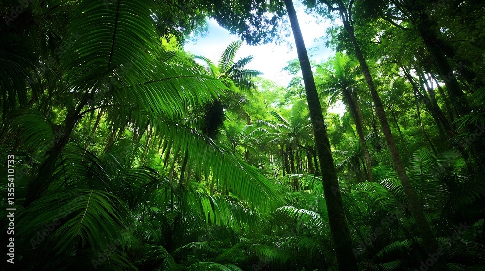 Poster lush green tropical rainforest scene with tall palm trees reaching towards the sky in a serene envir