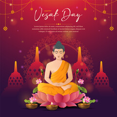 Happy Vesak Day with lord budha and temple ornament background. with gradient color concept for banner, greeting card, cover